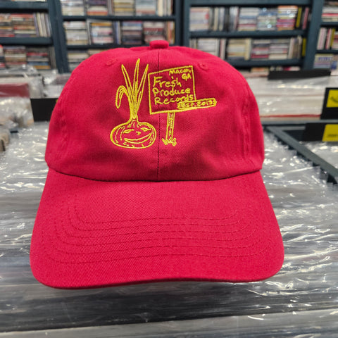 Fresh Produce Records Onion Dude Hat 6 Panel Dad Cap - Red w Yellow Stitching