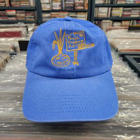 Fresh Produce Records Onion Dude Hat 6 Panel Dad Cap - Blue w/ Yellow Stitching