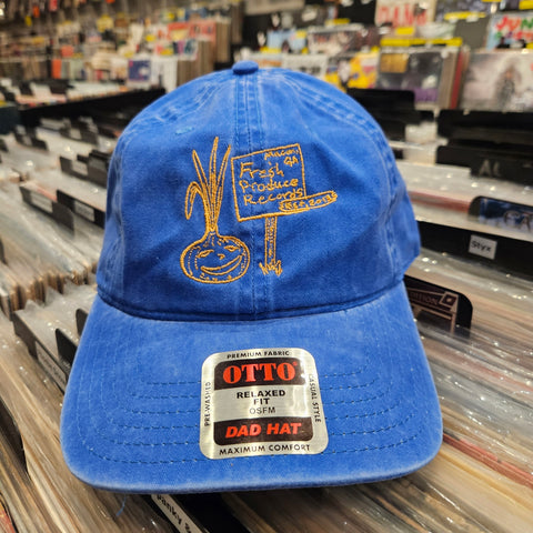 Fresh Produce Records Onion Dude Hat 6 Panel Dad Cap - Blue w/ Yellow Stitching